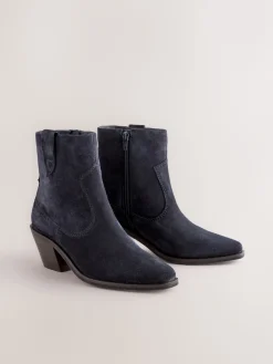 Next Standard/Wide Fit Cowboy Block Heel Ankle Boots Navy Blue Suede