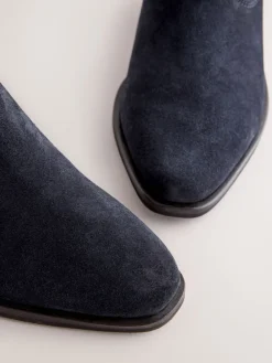 Next Standard/Wide Fit Cowboy Block Heel Ankle Boots Navy Blue Suede