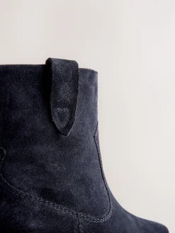 Next Standard/Wide Fit Cowboy Block Heel Ankle Boots Navy Blue Suede