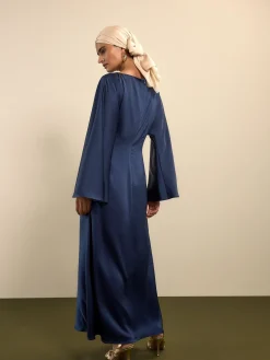 Next Twist Front Long Sleeve Satin Maxi Dress Navy Blue Sale