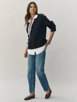 Next V-Neck Knitted Shirt Layer Look Jumper Navy Blue Best