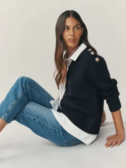 Next V-Neck Knitted Shirt Layer Look Jumper Navy Blue Best