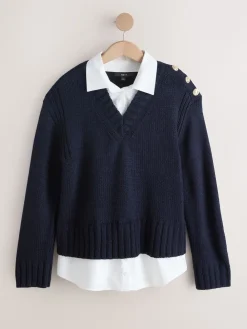 Next V-Neck Knitted Shirt Layer Look Jumper Navy Blue Best