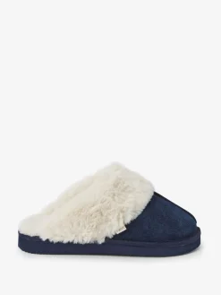 Next Navy Faux Fur Lined Suede Mule Slippers Sale