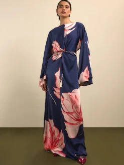 Next Twist Front Long Sleeve Satin Maxi Dress Navy Floral Best