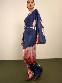 Next Twist Front Long Sleeve Satin Maxi Dress Navy Floral Best