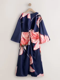 Next Twist Front Long Sleeve Satin Maxi Dress Navy Floral Best