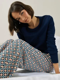 Next Navy Geo Ribbed Long Sleeve Pyjamas Sale