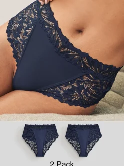 Next Navy High Waist High Leg Ultimate Comfort Lace Knickers 2 Pack New