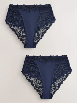 Next Navy High Waist High Leg Ultimate Comfort Lace Knickers 2 Pack New