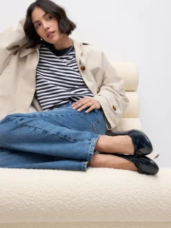 Next Navy Patent Standard/Wide Fit Round Toe Ballerina Shoes New