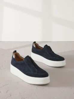 Next Slip On Signature Leather Chunky Wedge Platform Trainers Navy New