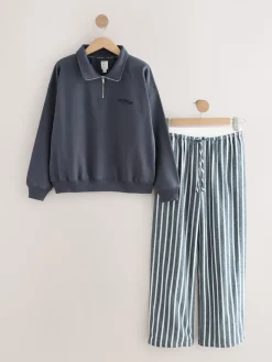 Next Half Zip Sweatshirt and Flannel Pyjamas Set Navy Stripe Clearance
