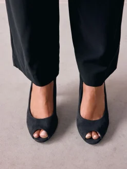 Next Premium Leather Peep Toe Heels Navy Suede New