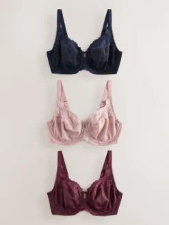 Next DD+ Lace Trim Non Pad Full Cup Underwired Bras 3 Pack Navy/Berry/Pink Outlet