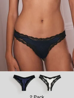 Next High Shine & Lace Trim Brazilian Knickers 2 Pack Navy/Champagne New