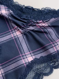 Next Brazilian Mesh & Lace Knickers Navy/Pink Check