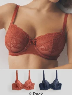 Next Non Pad Balcony DD+ Lace Bras 2 Pack Navy/Rust Discount