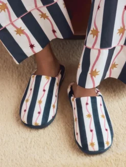 Next Navy/White Stripe Plush Mule Slippers Sale
