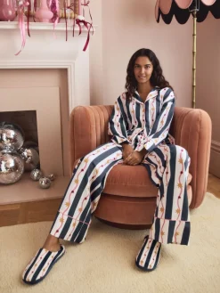 Next Navy/White Stripe Plush Mule Slippers Sale