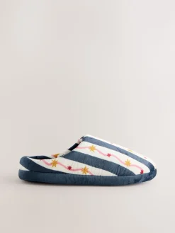 Next Navy/White Stripe Plush Mule Slippers Sale