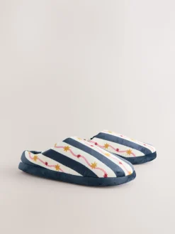 Next Navy/White Stripe Plush Mule Slippers Sale
