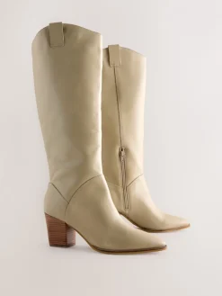 Next Forever Comfort® Western Block Heel Knee High Boots Neutral Leather New