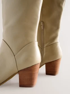 Next Forever Comfort® Western Block Heel Knee High Boots Neutral Leather New