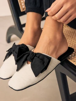 Next Neutral/Black Linen Blend Bow Mule Slippers Clearance