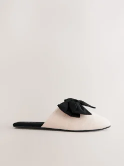 Next Neutral/Black Linen Blend Bow Mule Slippers Clearance