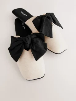 Next Neutral/Black Linen Blend Bow Mule Slippers Clearance