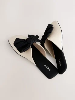 Next Neutral/Black Linen Blend Bow Mule Slippers Clearance