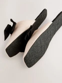 Next Neutral/Black Linen Blend Bow Mule Slippers Clearance