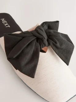 Next Neutral/Black Linen Blend Bow Mule Slippers Clearance