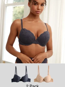 Next Push Up Plunge Lace Bras 2 Pack Neutral/Navy Hot