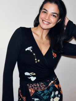 Never Fully Dressed Viscose Ballet Wrap Top Black Embroidery Clearance