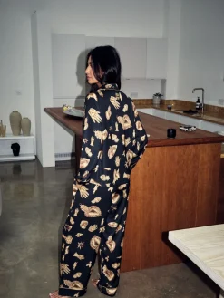 Never Fully Dressed Black/Gold Charm Satin Button Through Pyjamas Clearance