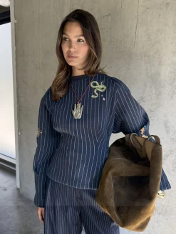 Never Fully Dressed Blue Pinstripe Barrel Sweatshirt Hot