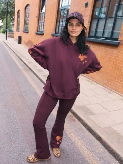 Never Fully Dressed Burgundy Red Embroidery Cotton Hoodie Sale