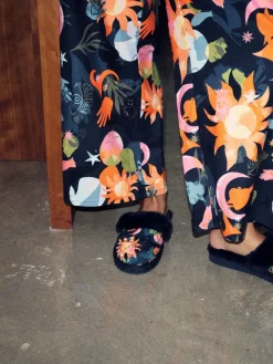 Never Fully Dressed Multi Navy Quilted Faux Fur Lined Mule Slippers Hot