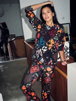 Never Fully Dressed Night Garden Patch Print Cotton Flare Leg Pyjamas Set New