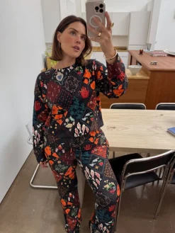 Never Fully Dressed Night Garden Patch Print Cotton Flare Leg Pyjamas Set New