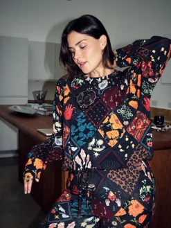 Never Fully Dressed Night Garden Patch Print Cotton Flare Leg Pyjamas Set New