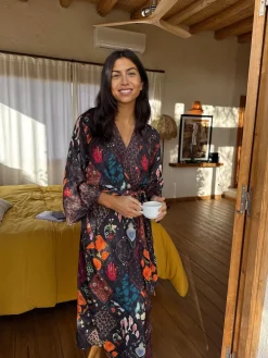 Never Fully Dressed Night Garden Satin Long Line Robe New