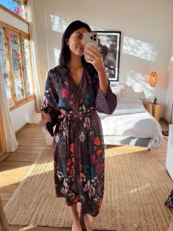 Never Fully Dressed Night Garden Satin Long Line Robe New