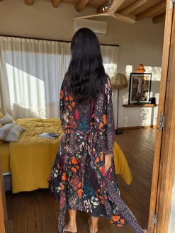 Never Fully Dressed Night Garden Satin Long Line Robe New