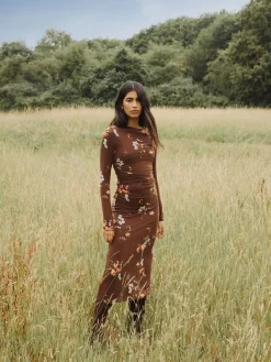 Nobody's Child Nobodys Child Brown Long Sleeve Laurella Midi Dress Hot