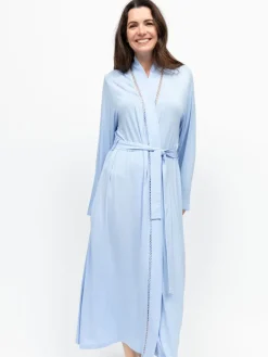 Nora Rose Blue Jersey Lace Insert Long Sleeve Dressing Gown Online