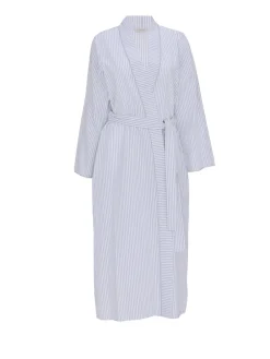 Nora Rose Grey Seersucker Stripe Lace Trim Long Sleeve Long Dressing Gown Best