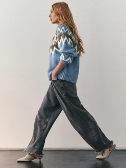 Nothing Ordinary Check Fairisle Pattern Knit Zip Through Jumper With Wool Blue New